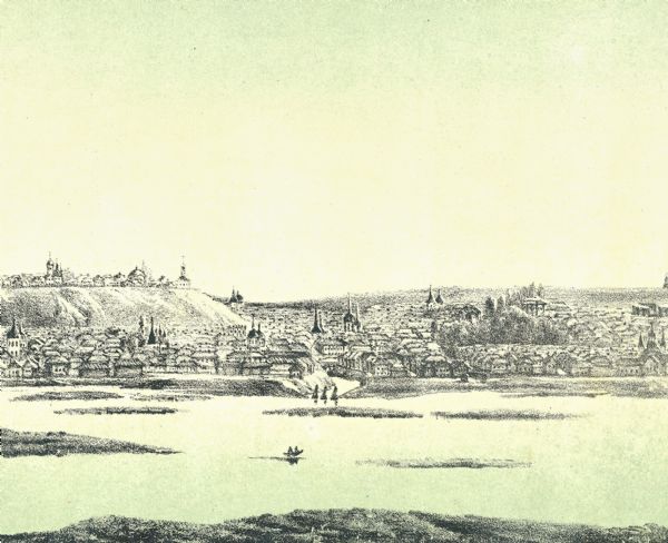 Вид Томска с запада. Литография М. Колосова. 1871 г. Из архива ТГУ.