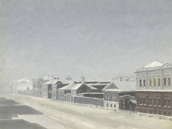 Вид улицы Магистратской морозным вечером. Картина П. М. Кошарова. 1880 г. Из архива ТГУ.