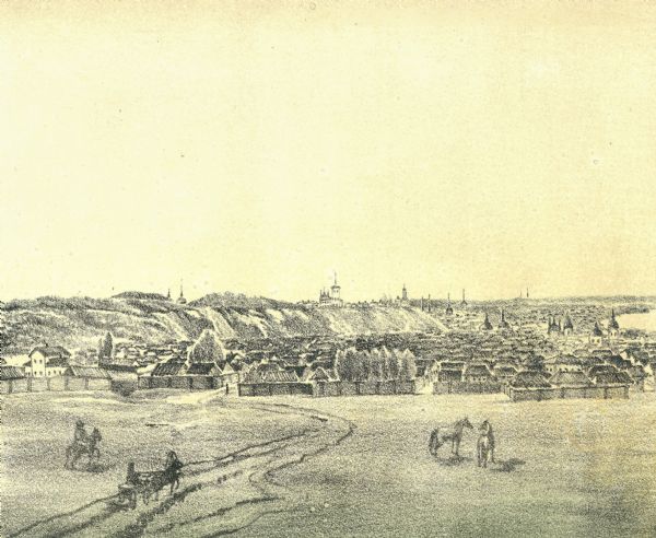 Вид Томска с севера. Литография М. Колосова. 1871 г. Из архива ТГУ.