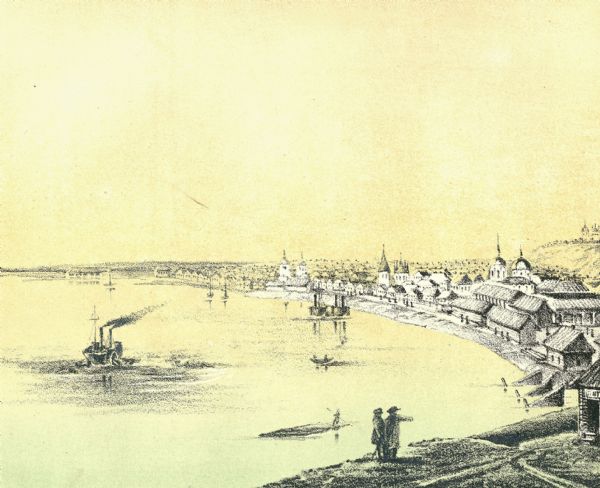 Весенняя пристань. Литография М. Колосова. 1871 г. Из архива ТГУ.